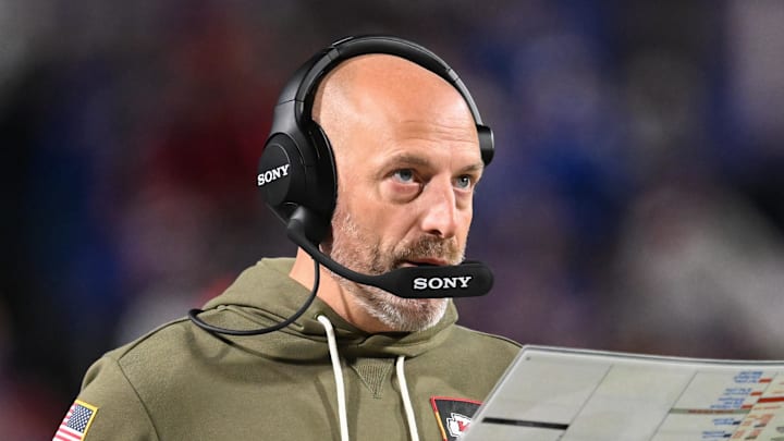 Nov 2, 2025; Orchard Park, New York, USA; Kansas City Chiefs offensive coordinator Matt Nagy looks on during the third quarter against the Buffalo Bills at Highmark Stadium. Mandatory Credit: Mark Konezny-Imagn Images Nov 2, 2025; Orchard Park, New York, USA; Kansas City Chiefs offensive coordinator Matt Nagy looks on during the third quarter against the Buffalo Bills at Highmark Stadium. Mandatory Credit: Mark Konezny-Imagn Images