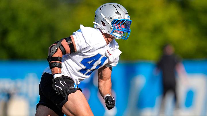 Detroit Lions linebacker Jimmy Rolder (41) practices during training camp at teams Allen Park Performance Center Detroit Lions linebacker Jimmy Rolder (41) practices during training camp at teams Allen Park Performance Center