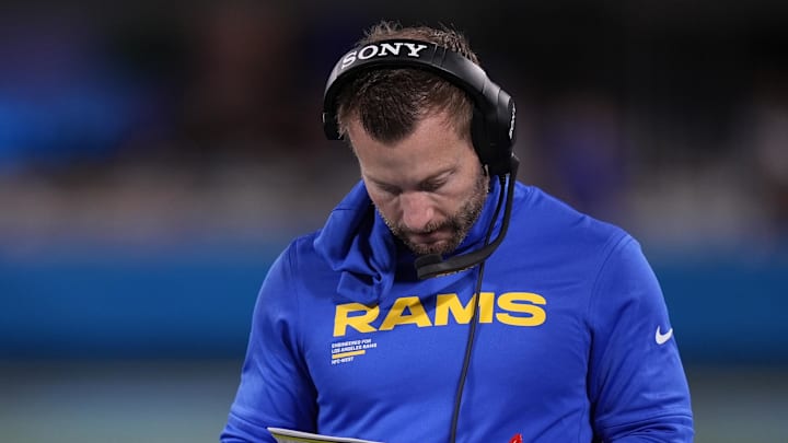 Jan 10, 2026; Charlotte, NC, USA; Los Angeles Rams head coach Sean McVay in the first half during the NFC Wild Card Round game at Bank of America Stadium. Mandatory Credit: Jim Dedmon-Imagn Images