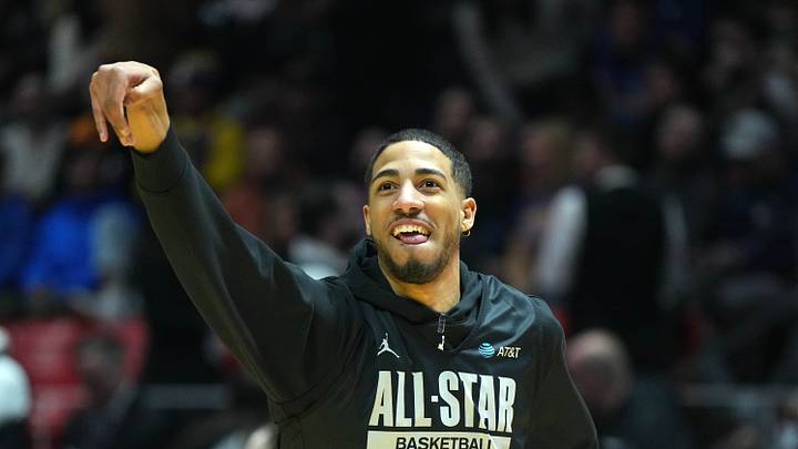Feb 18, 2023; Salt Lake City, UT, USA; Tyrese Haliburton reacts during NBA All-Star Game practice at Huntsman Center. Mandatory Credit: Kirby Lee-USA TODAY Sports