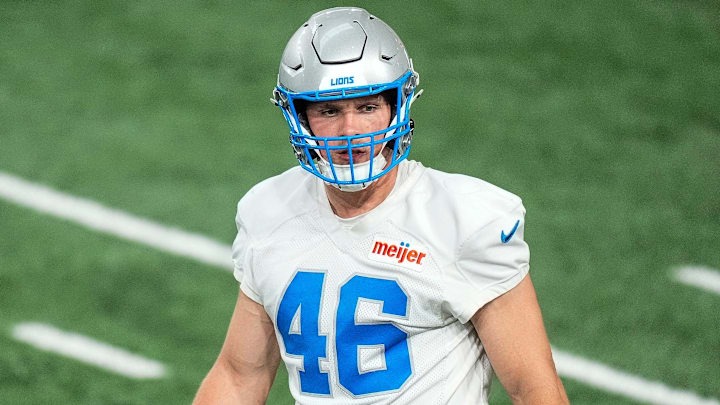 Detroit Lions linebacker Jack Campbell (46) practices during OTA at Meijer Performance Center in Allen Park on Thursday, June 5, 2025.