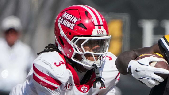 Louisiana Ragin Cajuns linebacker Jaden Dugger is shown in action against Missouri.