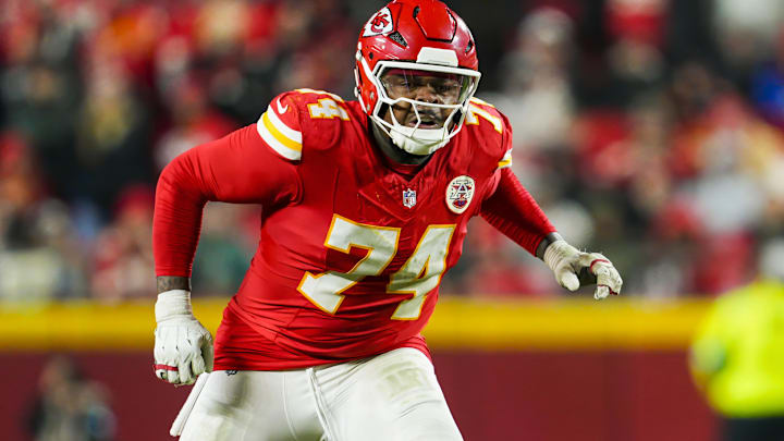 Dec 8, 2024; Kansas City, Missouri, USA; Kansas City Chiefs offensive tackle Jawaan Taylor (74) gets ready to block during the second half against the Los Angeles Chargers at GEHA Field at Arrowhead Stadium. Dec 8, 2024; Kansas City, Missouri, USA; Kansas City Chiefs offensive tackle Jawaan Taylor (74) gets ready to block during the second half against the Los Angeles Chargers at GEHA Field at Arrowhead Stadium.