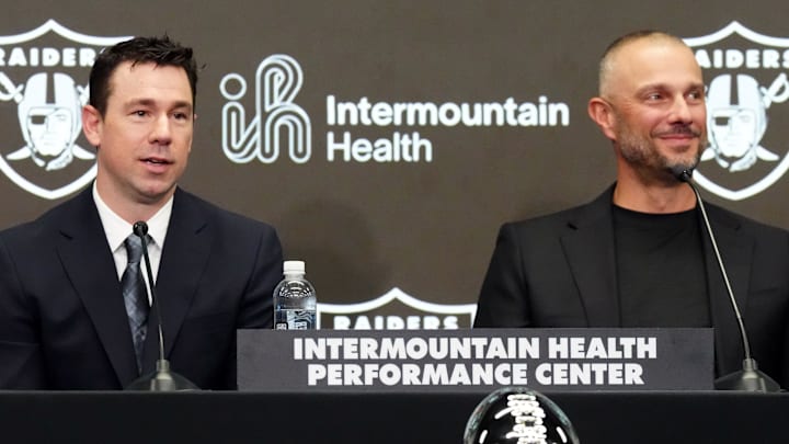 Feb 10, 2026; Henderson, NV, USA; Las Vegas Raiders coach Klint Kubiak (left) and general manager John Spytek at introductory press conference at Intermountain Health Performance Center. Mandatory Credit: Kirby Lee-Imagn Images Feb 10, 2026; Henderson, NV, USA; Las Vegas Raiders coach Klint Kubiak (left) and general manager John Spytek at introductory press conference at Intermountain Health Performance Center. Mandatory Credit: Kirby Lee-Imagn Images