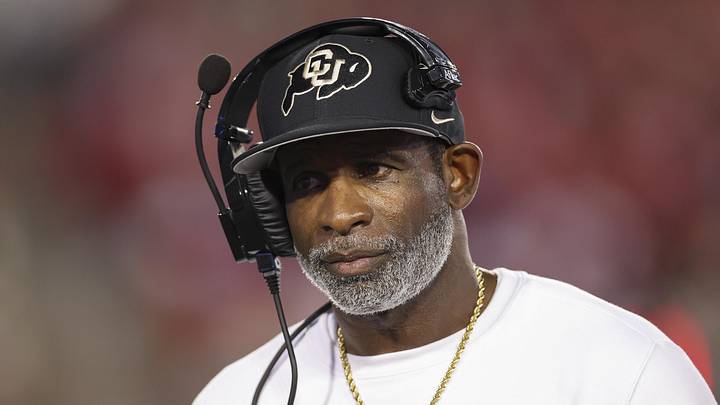 Sep 12, 2025; Houston, Texas, USA; Colorado Buffaloes head coach Deion Sanders looks on from the sideline during the first half against the Houston Cougars at TDECU Stadium. Mandatory Credit: Troy Taormina-Imagn Images
