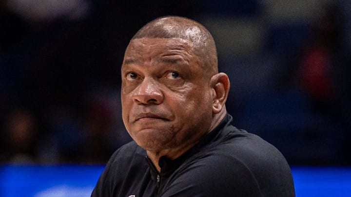 Milwaukee Bucks Head Coach Doc Rivers during the first half against the New Orleans Pelicans at Smoothie King Center on February 20, 2026. Milwaukee Bucks Head Coach Doc Rivers during the first half against the New Orleans Pelicans at Smoothie King Center on February 20, 2026.