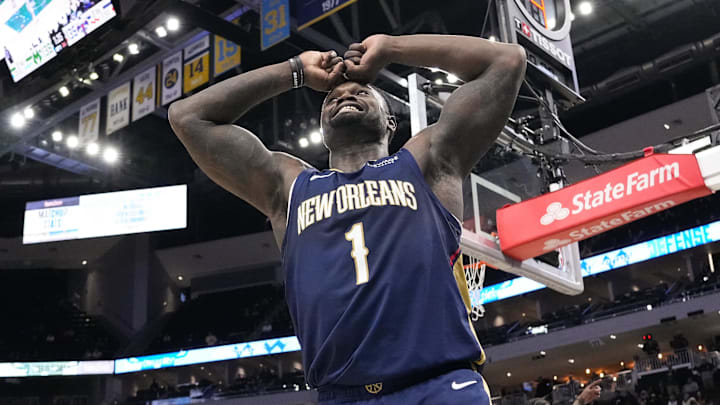 Feb 4, 2026; Milwaukee, Wisconsin, USA;  New Orleans Pelicans forward Zion Williamson (1) reacts to a call during overtime against the Milwaukee Bucks at Fiserv Forum. Mandatory Credit: Jeff Hanisch-Imagn Images