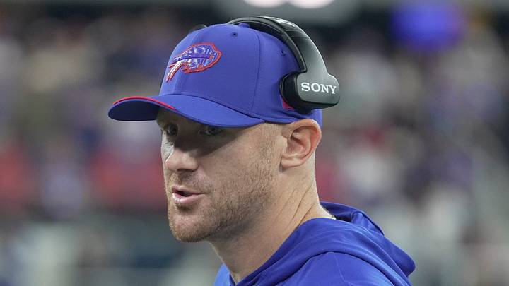 Buffalo Bills head coach Joe Brady talks to staff on the sidelines during a timeout during the second half at the Bills home opener game against the Detroit Lions on Sept. 17, 2026.
