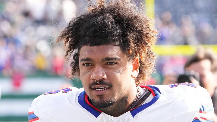 Sep 14, 2025; East Rutherford, New Jersey, USA; Buffalo Bills running back Ty Johnson (26) after the game against the New York Jets at MetLife Stadium. Mandatory Credit: Robert Deutsch-Imagn Images
