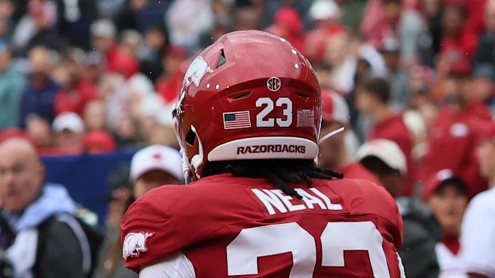 Oct 25, 2025; Fayetteville, Arkansas, USA; Auburn Tigers wide receiver Cam Coleman (8) celebrates after scoring a touchdown defended by Arkansas Razorbacks defensive back Julian Neal (23) during the first quarter at Donald W. Reynolds Razorback Stadium. Mandatory Credit: Nelson Chenault-Imagn Images