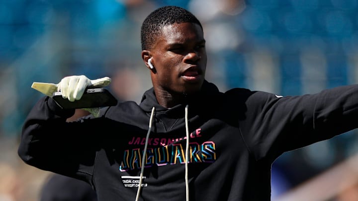 Jacksonville Jaguars wide receiver Travis Hunter (12) dances before an NFL football matchup, Sunday, Oct. 12, 2025, at EverBank Stadium in Jacksonville, Fla. The Seahawks defeated the Jaguars 20-12.