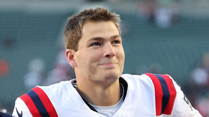 Nov 23, 2025; Cincinnati, Ohio, USA; New England Patriots quarterback Drake Maye (10) reacts after defeating the Cincinnati Bengals at Paycor Stadium. Mandatory Credit: Joseph Maiorana-Imagn Images