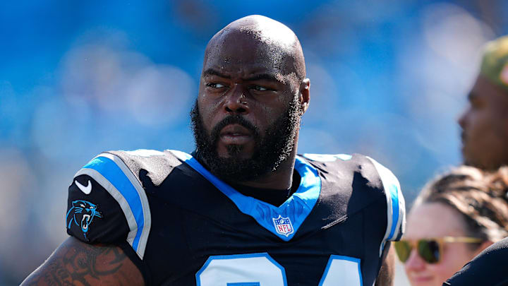 Nov 9, 2025; Charlotte, North Carolina, USA; Carolina Panthers defensive end A'Shawn Robinson (94) looks on before the game against the New Orleans Saints at Bank of America Stadium. Mandatory Credit: Jim Dedmon-Imagn Images