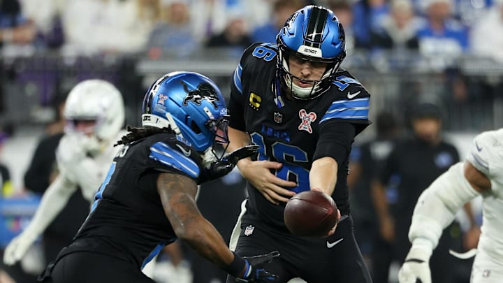 Detroit Lions quarterback Jared Goff (16) hands the ball to running back Jahmyr Gibbs (0). Detroit Lions quarterback Jared Goff (16) hands the ball to running back Jahmyr Gibbs (0).
