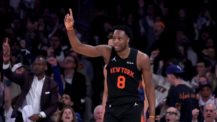 Apr 28, 2026; New York, New York, USA; New York Knicks forward OG Anunoby (8) reacts after his three point shot against the Atlanta Hawks during the third quarter of game five of the first round of the 2026 NBA Playoffs at Madison Square Garden. Mandatory Credit: Brad Penner-Imagn Images