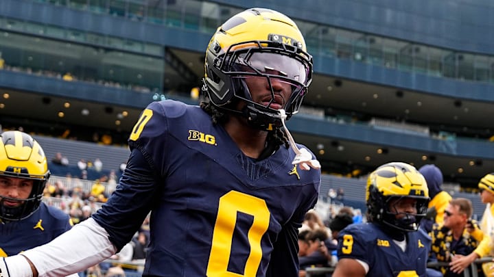 Michigan cornerback Jyaire Hill (0) takes the field for the spring game at Michigan Stadium in Ann Arbor on Saturday, April 18, 2026.