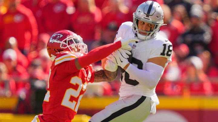 Oct 19, 2025; Kansas City, Missouri, USA; Las Vegas Raiders wide receiver Jack Bech (18) makes a reception defended by Kansas City Chiefs cornerback Trent McDuffie (22) during the first quarter of the game at GEHA Field at Arrowhead Stadium. Mandatory Credit: Jay Biggerstaff-Imagn Images Oct 19, 2025; Kansas City, Missouri, USA; Las Vegas Raiders wide receiver Jack Bech (18) makes a reception defended by Kansas City Chiefs cornerback Trent McDuffie (22) during the first quarter of the game at GEHA Field at Arrowhead Stadium. Mandatory Credit: Jay Biggerstaff-Imagn Images