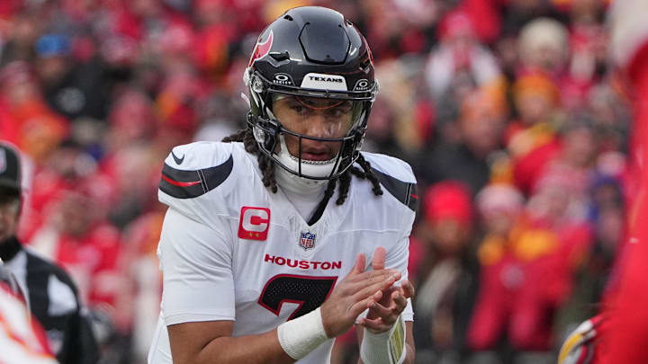 Jan 18, 2025; Kansas City, Missouri, USA; Houston Texans quarterback C.J. Stroud (7) readies for the snap against the Kansas City Chiefs during the first half of a 2025 AFC divisional round game at GEHA Field at Arrowhead Stadium. Mandatory Credit: Denny Medley-Imagn Images Jan 18, 2025; Kansas City, Missouri, USA; Houston Texans quarterback C.J. Stroud (7) readies for the snap against the Kansas City Chiefs during the first half of a 2025 AFC divisional round game at GEHA Field at Arrowhead Stadium. Mandatory Credit: Denny Medley-Imagn Images