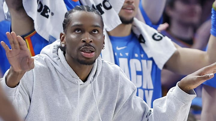 Feb 22, 2026; Oklahoma City, Oklahoma, USA; Oklahoma City Thunder guard Shai Gilgeous-Alexander (2) celebrates after his team scores against the Cleveland Cavaliers during the second half at Paycom Center. Mandatory Credit: Alonzo Adams-Imagn Images Feb 22, 2026; Oklahoma City, Oklahoma, USA; Oklahoma City Thunder guard Shai Gilgeous-Alexander (2) celebrates after his team scores against the Cleveland Cavaliers during the second half at Paycom Center. Mandatory Credit: Alonzo Adams-Imagn Images