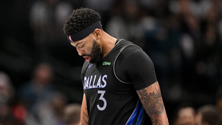 Dec 23, 2025; Dallas, Texas, USA; Dallas Mavericks forward Anthony Davis (3) looks down during the game between the Mavericks and the Nuggets at the American Airlines Center. Mandatory Credit: Jerome Miron-Imagn Images