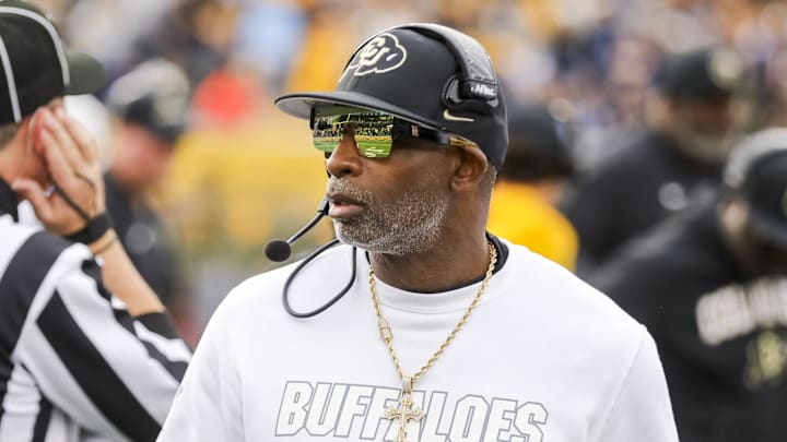 Nov 8, 2025; Morgantown, West Virginia, USA; Colorado Buffaloes head coach Deion Sanders walks along the sidelines late in the fourth quarter against the West Virginia Mountaineers at Milan Puskar Stadium. Mandatory Credit: Ben Queen-Imagn Images