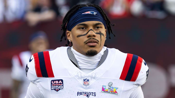 Feb 8, 2026; Santa Clara, CA, USA; New England Patriots linebacker Marte Mapu (15) against the Seattle Seahawks during Super Bowl LX at Levi's Stadium. Mandatory Credit: Mark J. Rebilas-Imagn Images
