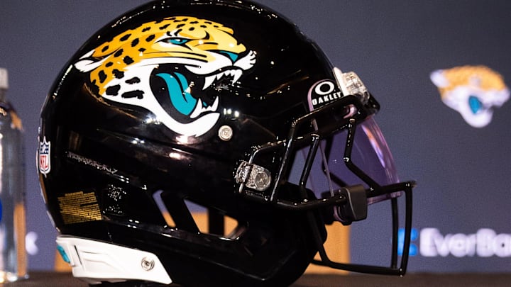Travis Hunter’s helmet sits on the table before the start fht press conference. The Jacksonville Jaguars first-round pick, Colorado Buffaloes wide receiver and defensive back Travis Hunter answered questions during a press conference Friday, March 25, 2025 at Miller Electric Center in Jacksonville, Fla. [Doug Engle/Florida Times-Union]