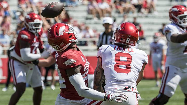 Arkansas Razorbacks defensive back Miguel Mitchell (24) breaks up a pass intended for wide receiver Donovan Faupel (8) during the spring game at Razorback Stadium.