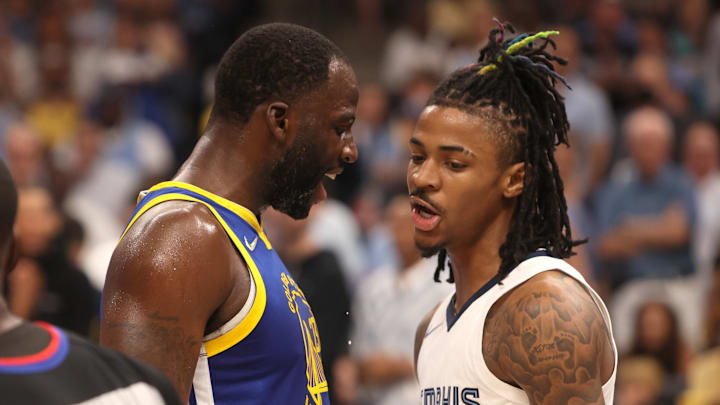 Golden State Warriors forward Draymond Green (23) and Memphis Grizzlies guard Ja Morant (12) have words during game one of the second round for the 2022 NBA playoffs at FedExForum. Mandatory Credit: Joe Rondone-Imagn Images Golden State Warriors forward Draymond Green (23) and Memphis Grizzlies guard Ja Morant (12) have words during game one of the second round for the 2022 NBA playoffs at FedExForum. Mandatory Credit: Joe Rondone-Imagn Images