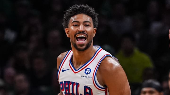 Apr 28, 2026; Boston, Massachusetts, USA; Philadelphia 76ers guard Quentin Grimes (5) reacts after his three point basket against the Boston Celtics in the second half during game five of the first round of the 2026 NBA Playoffs at TD Garden. Mandatory Credit: David Butler II-Imagn Images
