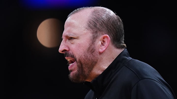 May 5, 2025; Boston, Massachusetts, USA; New York Knicks head coach Tom Thibodeau watches from the sideline as they take on the Boston Celtics during game one of the second round for the 2025 NBA Playoffs at TD Garden. Mandatory Credit: David Butler II-Imagn Images