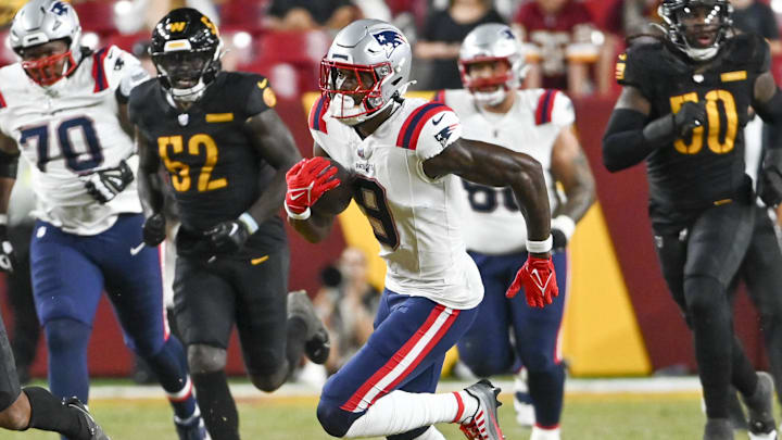 Aug 25, 2024; Landover, Maryland, USA; New England Patriots wide receiver Matt Landers (9) runs after the catch during the second half against the Washington Commanders at Commanders Field. Mandatory Credit: Tommy Gilligan-Imagn Images Aug 25, 2024; Landover, Maryland, USA; New England Patriots wide receiver Matt Landers (9) runs after the catch during the second half against the Washington Commanders at Commanders Field. Mandatory Credit: Tommy Gilligan-Imagn Images