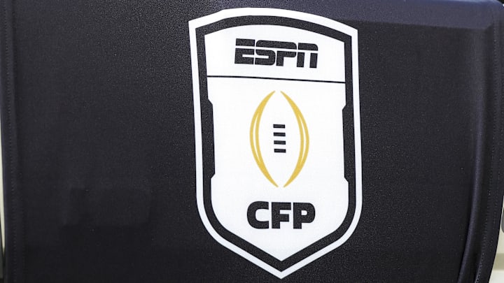 Dec 20, 2025; College Station, TX, USA; A detail view of College Football Playoffs logo on a TV camera at Kyle Field prior to the game between the Miami Hurricanes and the Texas A&M Aggies. Mandatory Credit: Maria Lysaker-Imagn Images