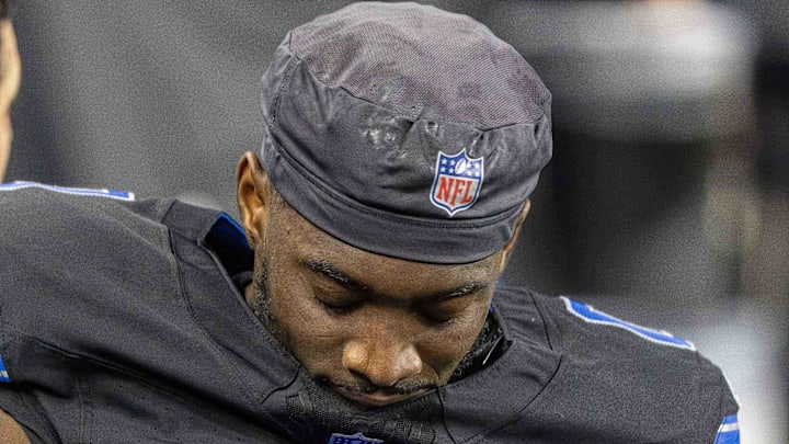 Detroit Lions cornerback Terrion Arnold (0) is carted off the field after getting injured against the Minnesota Vikings 
