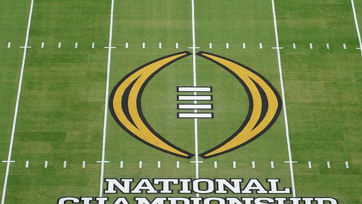 Jan 19, 2026; Miami Gardens, FL, USA; A general view of the center field logo before the CFP National Championship college football game between the Indiana Hoosiers and the Miami Hurricanes at Hard Rock Stadium. Mandatory Credit: James Lang-Imagn Images