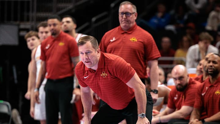 Mar 11, 2026; Kansas City, MO, USA; Iowa State Cyclones coach TJ Otzelberger watches game play during the first half against the Arizona State Sun Devils at T-Mobile Center. 