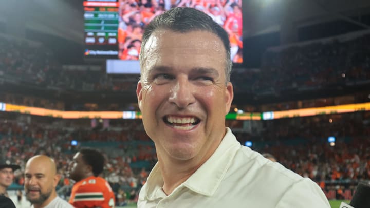 Aug 31, 2025; Miami Gardens, Florida, USA; Miami Hurricanes head coach Mario Cristobal reacts after defeating the Notre Dame Fighting Irish at Hard Rock Stadium. Mandatory Credit: Sam Navarro-Imagn Images Aug 31, 2025; Miami Gardens, Florida, USA; Miami Hurricanes head coach Mario Cristobal reacts after defeating the Notre Dame Fighting Irish at Hard Rock Stadium. Mandatory Credit: Sam Navarro-Imagn Images