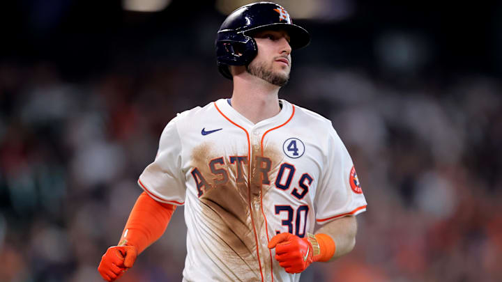 Jun 2, 2024; Houston, Texas, USA; Houston Astros designated hitter Kyle Tucker (30) runs to first base after hitting a single against the Minnesota Twins during the third inning at Minute Maid Park Jun 2, 2024; Houston, Texas, USA; Houston Astros designated hitter Kyle Tucker (30) runs to first base after hitting a single against the Minnesota Twins during the third inning at Minute Maid Park