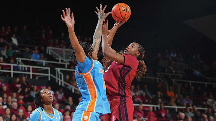 Nunu Agara attempts a shot against Tennessee at Maples 