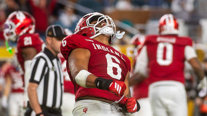 Indiana's Mikail Kamara (6) celebrates during the College Football Playoff National Championship college football game at Hard Rock Stadium in Miami Gardens on Monday, Jan. 19, 2026.