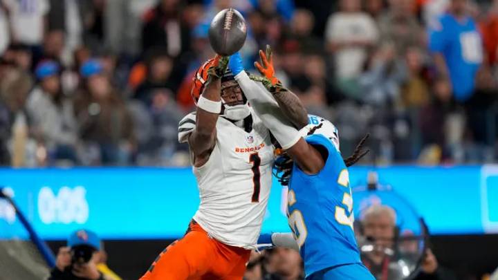 Los Angeles Chargers cornerback Ja’Sir Taylor (36) breaks up a deep pass attempt to Cincinnati Bengals wide receiver Ja’Marr Chase (1) in the fourth quarter of the NFL Week 11 game between the Los Angeles Chargers and the Cincinnati Bengals at SoFi Stadium in Inglewood, Calif., on Sunday, Nov. 17, 2024. The Chargers won 34-27. Sam Greene/The Enquirer / USA TODAY NETWORK via Imagn Images Los Angeles Chargers cornerback Ja’Sir Taylor (36) breaks up a deep pass attempt to Cincinnati Bengals wide receiver Ja’Marr Chase (1) in the fourth quarter of the NFL Week 11 game between the Los Angeles Chargers and the Cincinnati Bengals at SoFi Stadium in Inglewood, Calif., on Sunday, Nov. 17, 2024. The Chargers won 34-27. Sam Greene/The Enquirer / USA TODAY NETWORK via Imagn Images