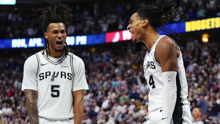 Apr 4, 2026; Denver, Colorado, USA; San Antonio Spurs guard Stephon Castle (5) and guard Devin Vassell (24) react in the fourth quarter against the Denver Nuggets at Ball Arena. Mandatory Credit: Ron Chenoy-Imagn Images Apr 4, 2026; Denver, Colorado, USA; San Antonio Spurs guard Stephon Castle (5) and guard Devin Vassell (24) react in the fourth quarter against the Denver Nuggets at Ball Arena. Mandatory Credit: Ron Chenoy-Imagn Images