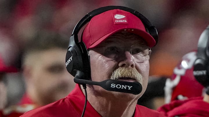 Dec 25, 2025; Kansas City, Missouri, USA; Kansas City Chiefs coach Andy Reid during the second quarter at GEHA Field at Arrowhead Stadium. Mandatory Credit: Denny Medley-Imagn Images