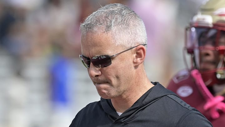 Oct 11, 2025; Tallahassee, Florida, USA; Florida State Seminoles head coach Mike Norvell after losing the game to the Pittsburgh Panthers at Doak S. Campbell Stadium. Mandatory Credit: Melina Myers-Imagn Images