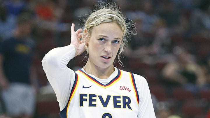 Jul 27, 2025; Chicago, Illinois, USA; Indiana Fever guard Sophie Cunningham (8) looks on during the second half of a basketball game against the Chicago Sky at United Center. Mandatory Credit: Kamil Krzaczynski-Imagn Images Jul 27, 2025; Chicago, Illinois, USA; Indiana Fever guard Sophie Cunningham (8) looks on during the second half of a basketball game against the Chicago Sky at United Center. Mandatory Credit: Kamil Krzaczynski-Imagn Images