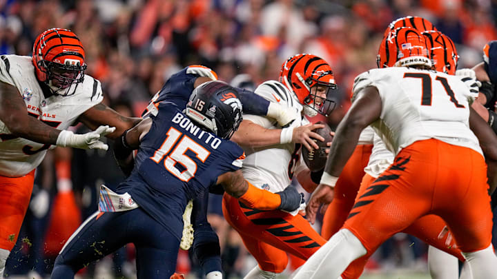 Cincinnati Bengals quarterback Jake Browning (6) is sacked in the second quarter of the NFL Week 4 Monday Night Football game between the Denver Broncos and the Cincinnati Bengals at Empower Field at Mile High in Denver on Monday, Sept. 29, 2025. Cincinnati Bengals quarterback Jake Browning (6) is sacked in the second quarter of the NFL Week 4 Monday Night Football game between the Denver Broncos and the Cincinnati Bengals at Empower Field at Mile High in Denver on Monday, Sept. 29, 2025.