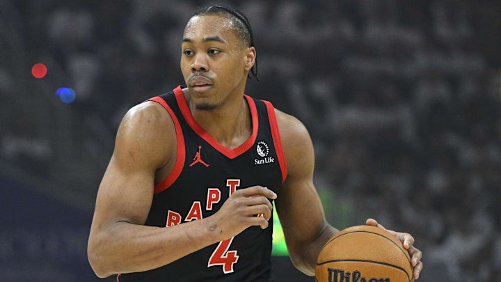 Apr 29, 2026; Cleveland, Ohio, USA; Toronto Raptors forward Scottie Barnes (4) brings the ball up court against the Cleveland Cavaliers in the first quarter of game five of the first round of the 2026 NBA Playoffs at Rocket Arena. Mandatory Credit: David Richard-Imagn Images