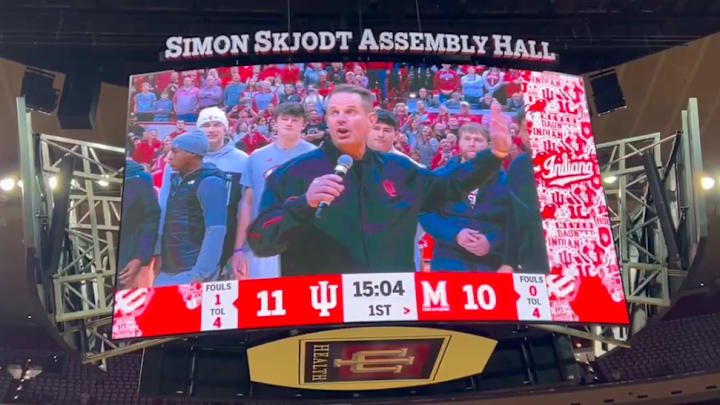 Indiana football coach Curt Cignetti spoke to the Assembly Hall crowd during Sunday's basketball game against Maryland.