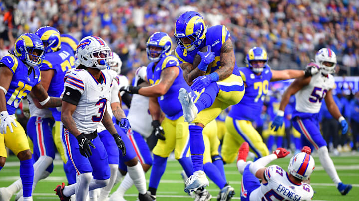 Dec 8, 2024; Inglewood, California, USA; Los Angeles Rams running back Kyren Williams (23) scores a touchdown against the Buffalo Bills during the first half at SoFi Stadium. Mandatory Credit: Gary A. Vasquez-Imagn Images