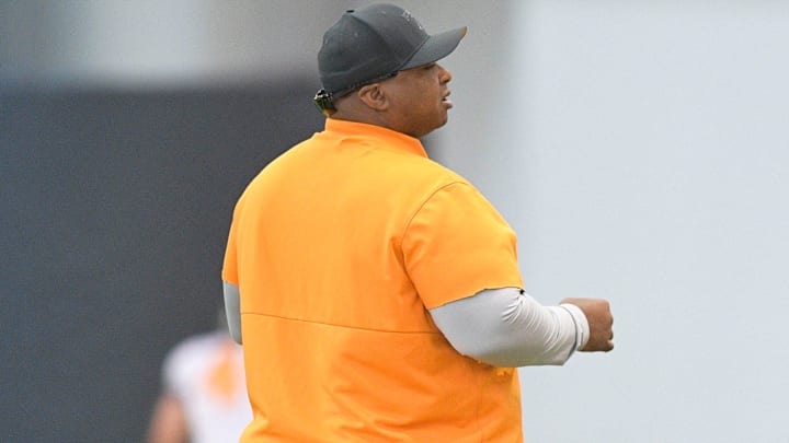 Tennessee Defensive Analyst Levorn Harbin, left, and Defensive Line coach Rodney Garner chat during the first day of Tennessee football practice at Anderson Training Facility in Knoxville, Tenn. on Monday, Aug. 1, 2022.

Kns Tennessee Football Practice